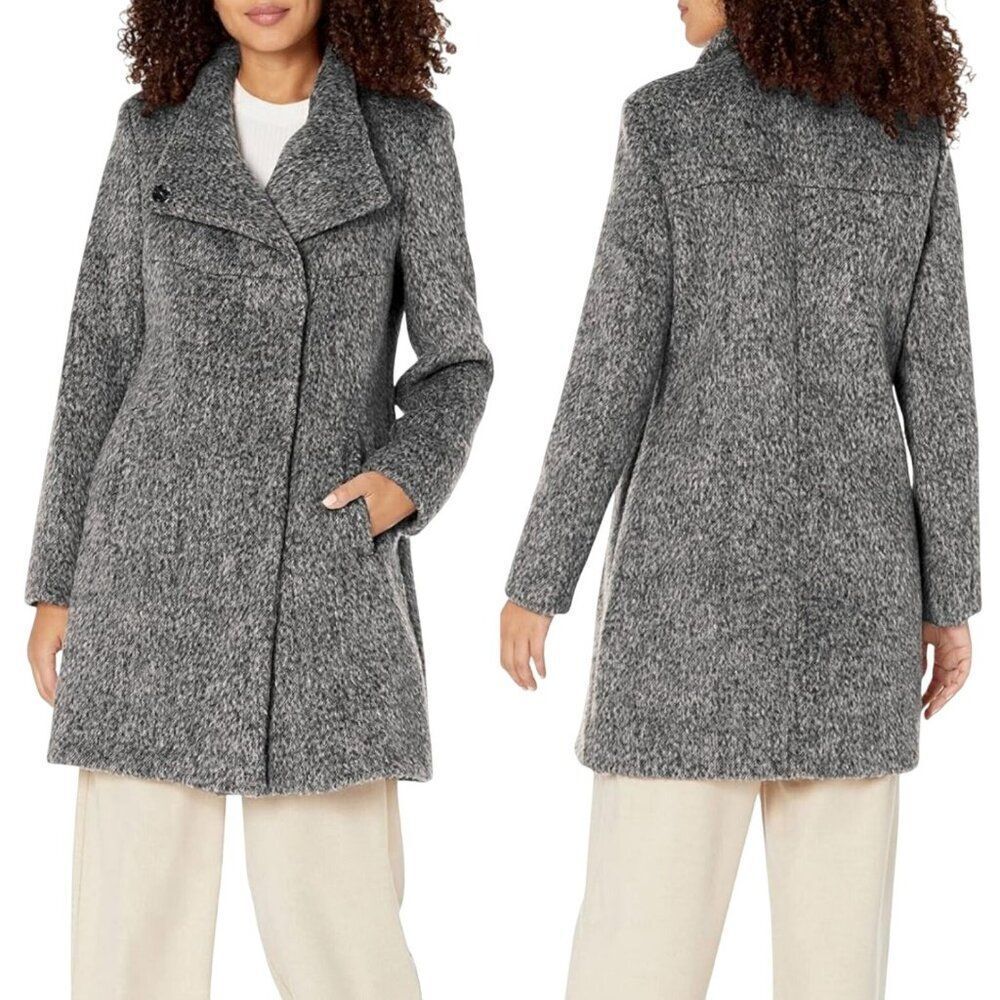 Kenneth Cole Womens Asymmetrical Pressed Boucle Wool Coat M Heathered Gray‎ City
